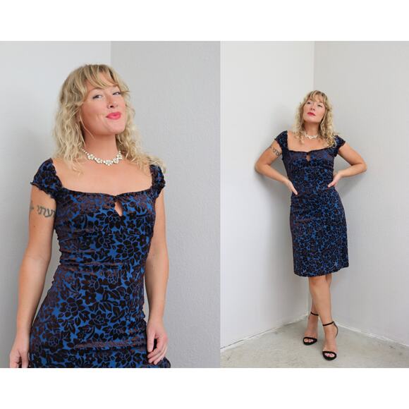 1990's Vintage Velvet Burnout Cocktail Dress ~ Women's XS SM Floral Party Y2K - Picture 1 of 13